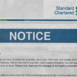 Standard Chartered cancels Visa cards outside Zimbabwe