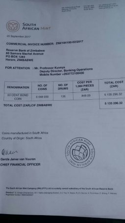 Rbz bond coin invoice