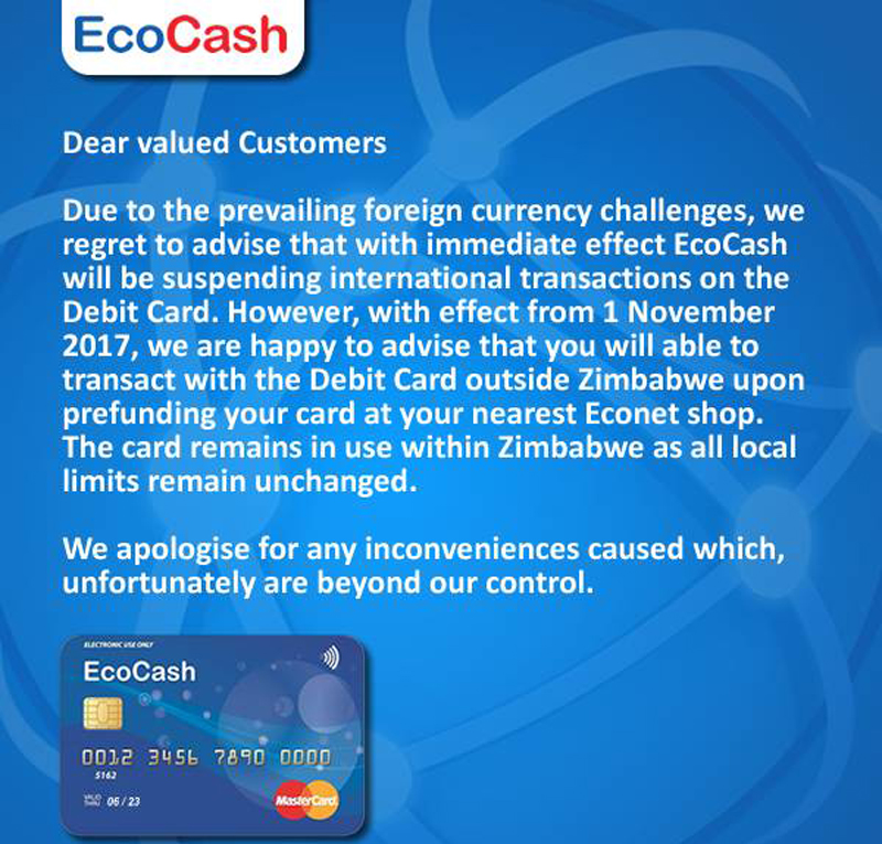 Breaking News Ecocash Suspends International Mastercard To - 