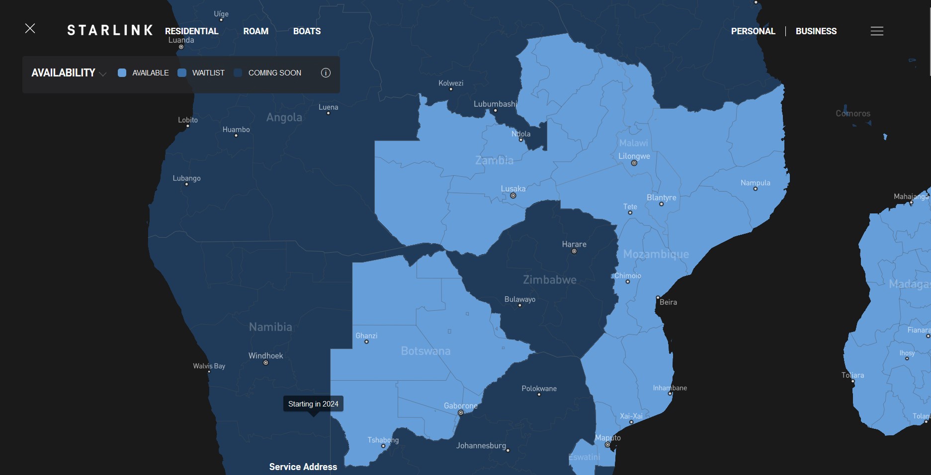 Starlink Coverage Map, Botswana