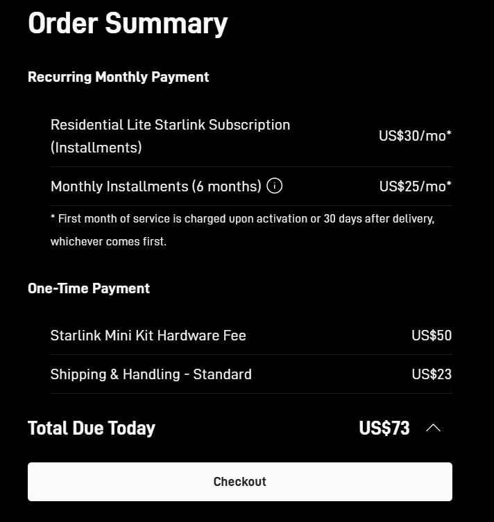 Starlink Checkout for installments option