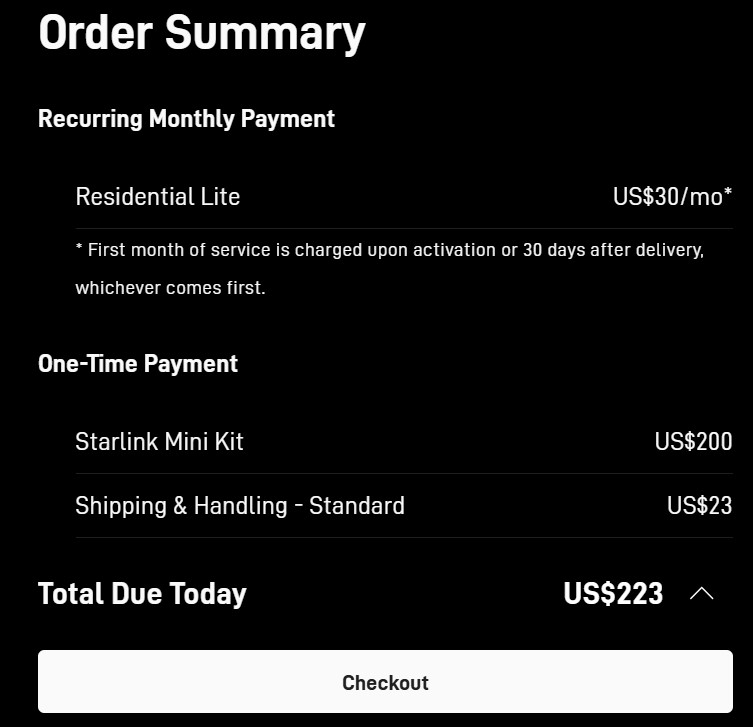 Checkout on Starlink order process